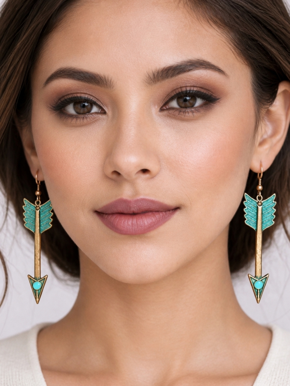Turquoise Patina, Turquoise Bead Copper Arrow Earrings - Picture 3 of 6